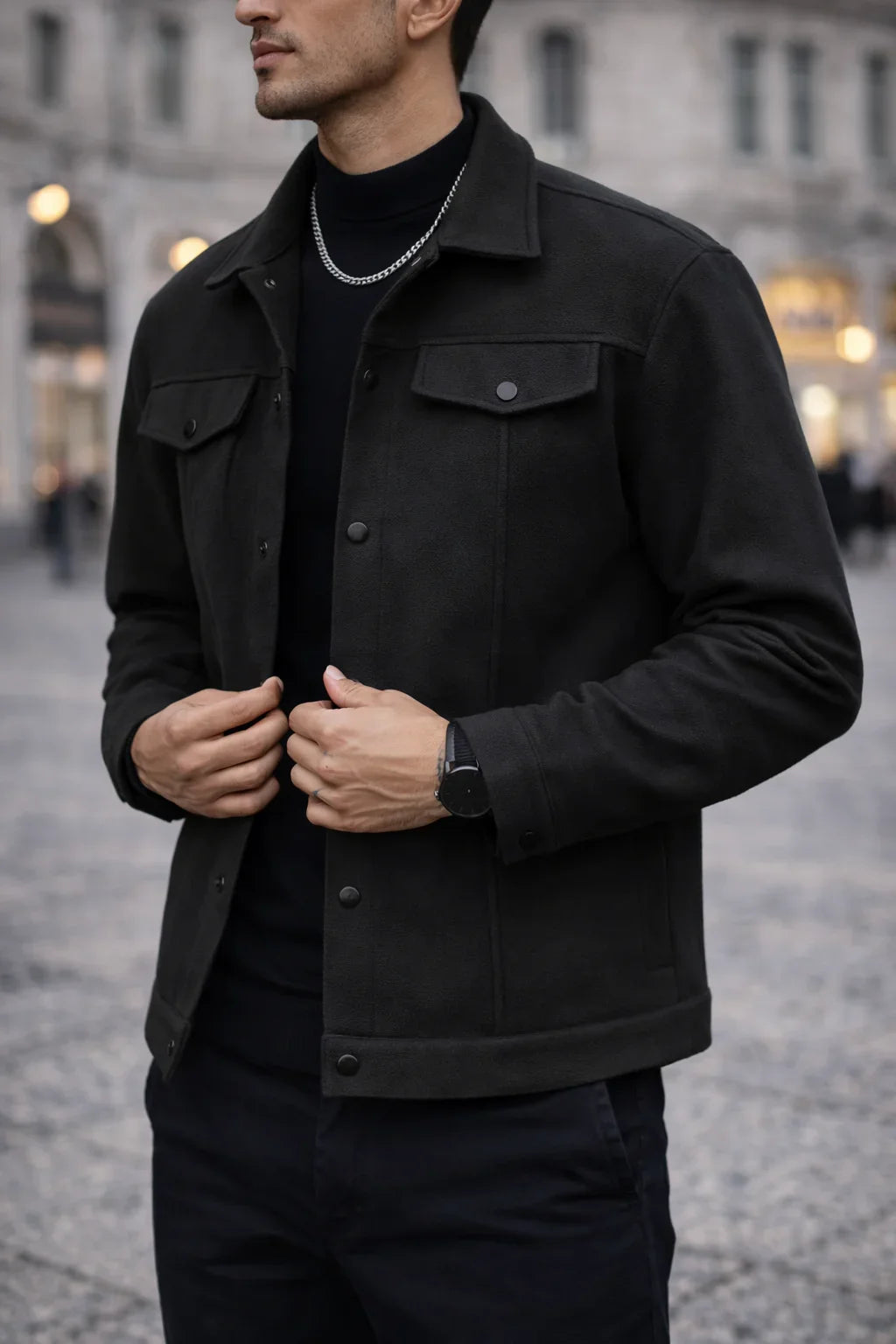 Homme portant une veste noire élégante, montre noire et chaîne argentée, style urbain.
