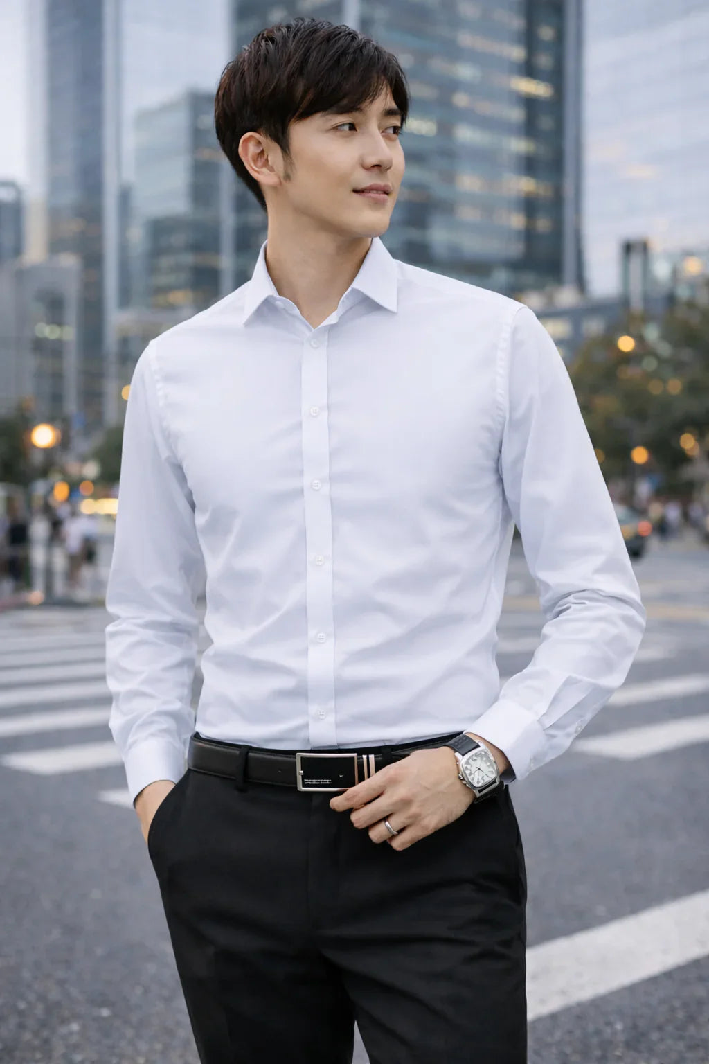 Homme en chemise blanche élégante et pantalon noir en ville, look professionnel moderne
