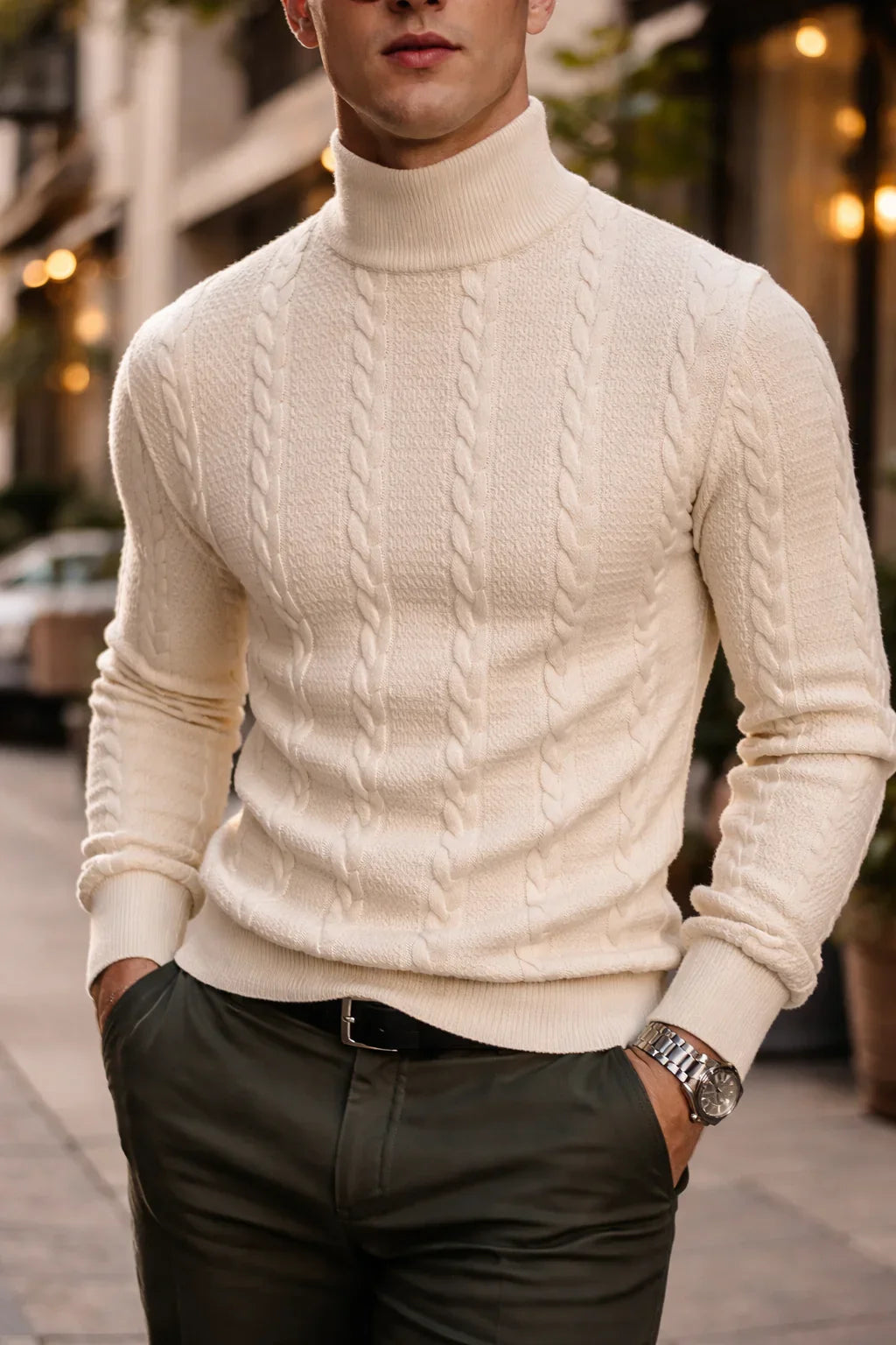 Homme portant un pull torsadé beige à col roulé, style élégant automne-hiver en ville