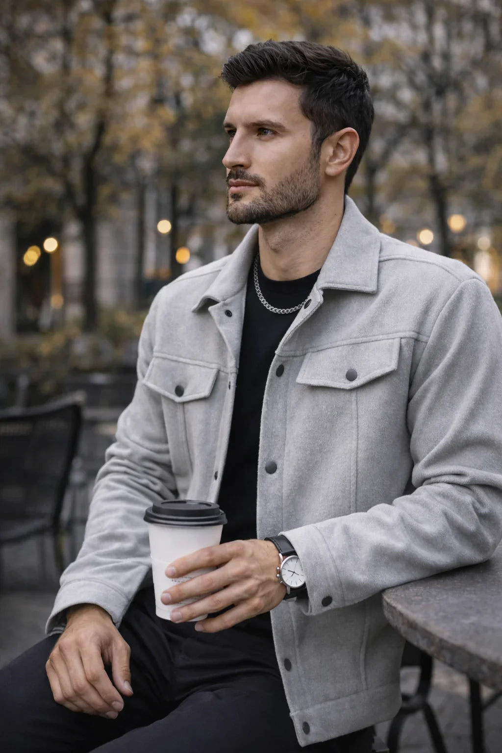 Homme élégant en veste grise, montre au poignet, assis dehors avec un café à la main