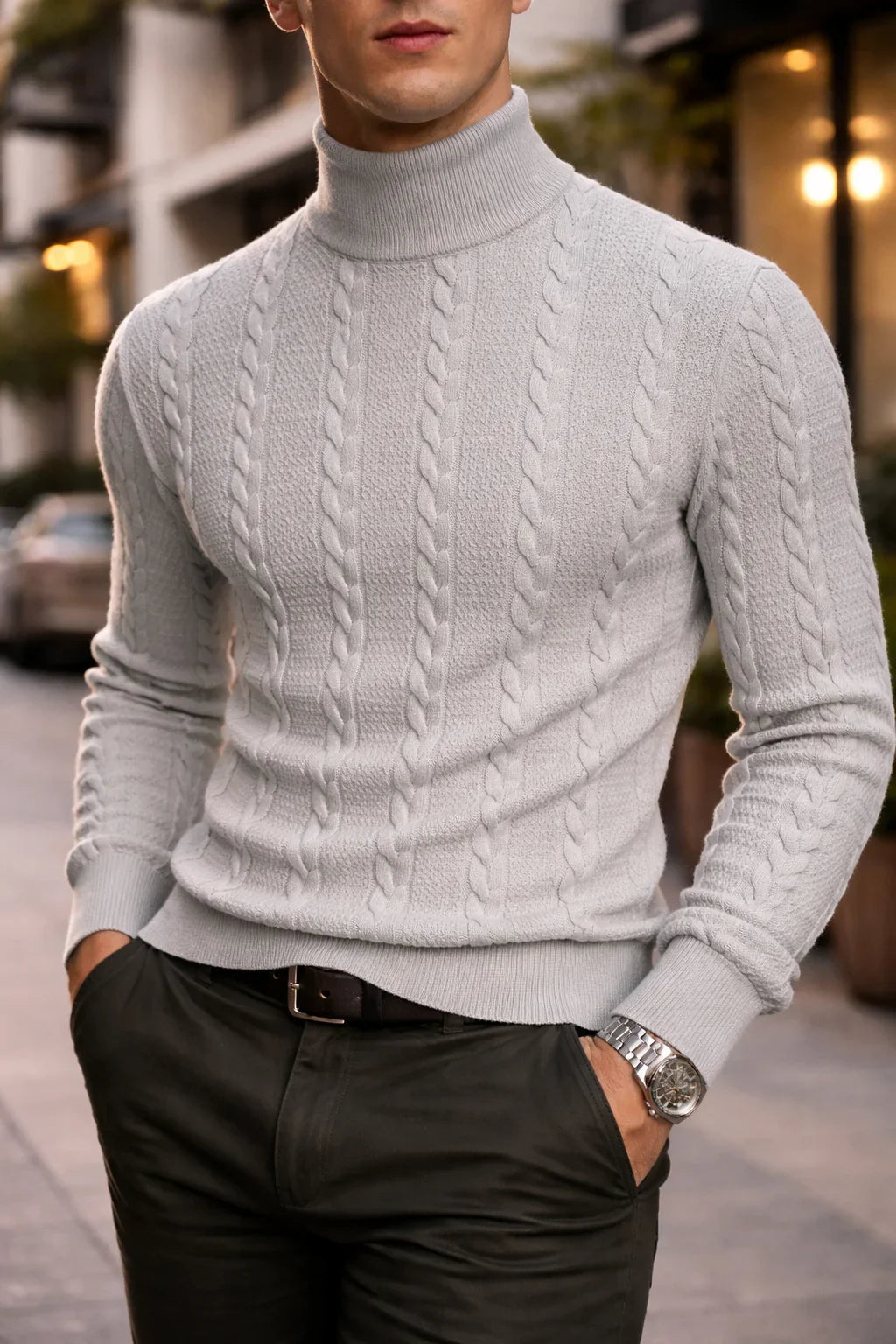 Homme portant un pull col roulé gris en maille torsadée, style élégant en ville