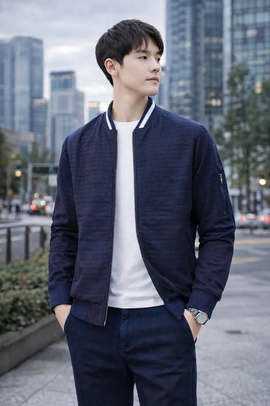 Homme en veste bleu marine et t-shirt blanc en ville moderne, style urbain.